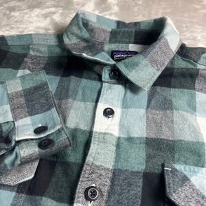 Patagonia Mens XL Fjord Flannel Shirt Teal Grey Plaid Organic Cotton Button Down